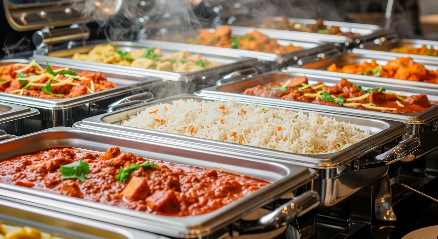 Steaming chafing dishes with rice and curry